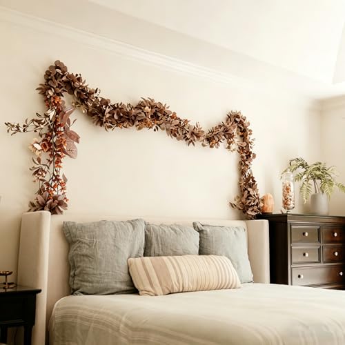 CQURE 2Pack Eucalyptus Garland,Artificial Eucalyptus Leaves Flowers Table Greenery Garland Wreath Vines for Wedding Party Fireplace Bedroom Room Decor - size: 17.7 Ft with Flowers-Brown