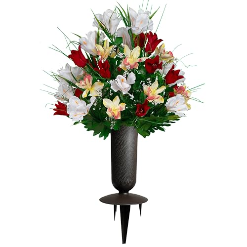 Sympathy Silks Artificial Cemetery Flowers - Grave Decoration - Red Tulips and White Iris (1) Bouquet (1) Vase - color: Red/White, size: (1) Bouquet (1) Vase