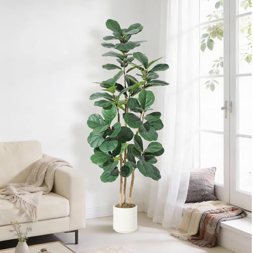 GarveeHome 6FT Artificial Fiddle Leaf Fig Tree – Potted in Decorative White Planter, Natural Large Fake Plant for Home Décor, Indoor House Plant for Living Room, Bedroom, Office - color: Green 6ft