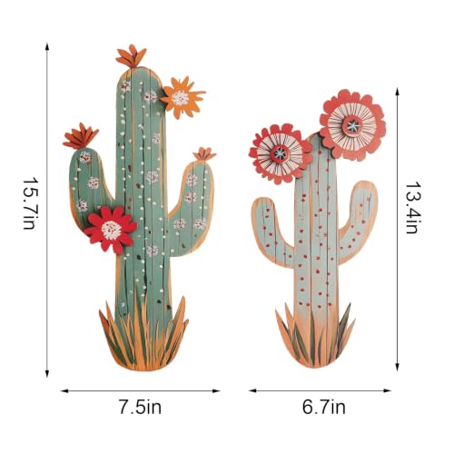 flangairy 15.7in Layered Cactus Wall Decor, Set of 2 Wooden Cactus Flower Picture Southwestern Wall Art, Western Room Bathroom Bedroom Nursery Kitchen Decorations for Home