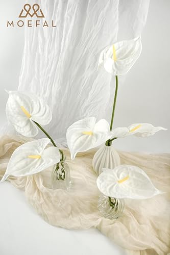 Real Touch Anthurium Artificial Flowers, 8pcs White Faux Tropical Flowers with Stems for Modern Wedding Bouquets, Elegant Centerpieces & Chic Party Decoration - color: White