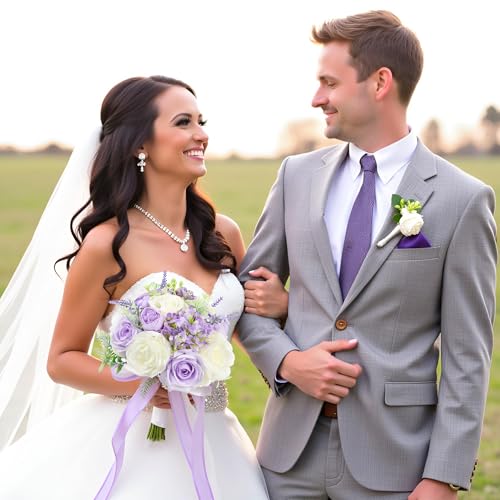 Bride Bouquets for Wedding 8.5 Inch Lilac Artificial Rose Flower Bridal Bouquets for Bride Wedding Bridesmaid Marriage Proposal Party Anniversary Church Decoration - color: Lilac