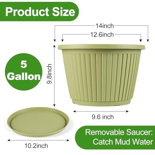 14-inch-Large-Planters-for-Outdoor-Plant，Plastic Indoor Flower Pots with Drainage Holes & Saucer，4 Packs Decorative Garden Pots for Plantfor Home Porch Decor - color: Avocado Green, size: 14 inch-4 Pack