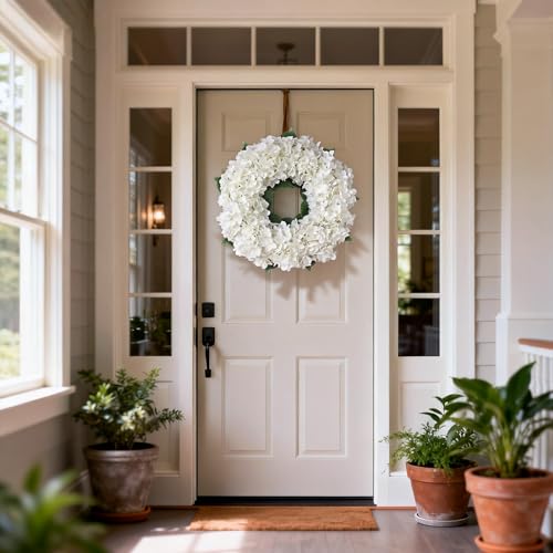 21" Artificial Hydrangea Flower Wreath for Front Door Spring Summer(White) | Premium Material,Long-Term Use,Full and Plump Flower Wreath Greenery,Ideal for Home Mantel Wall Farmhouse Outdoor Decor