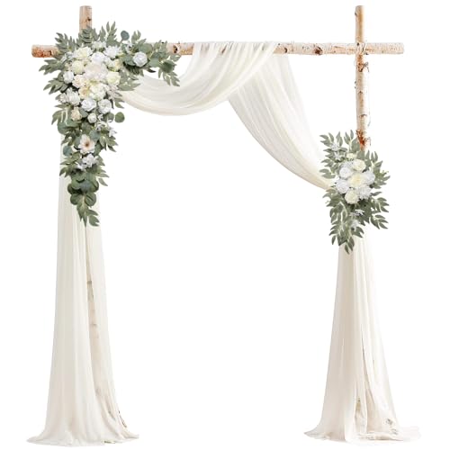 Arch Flowers with Drapes Kit (Pack of 3) for Wedding Ceremony Arbor and Reception Backdrop Decoration Wedding Welcome Signs Floral Birthday Party Decoration - color: White & Beige