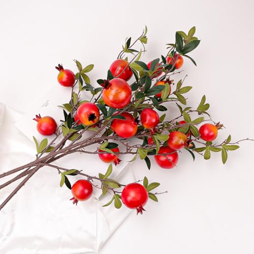 Gresorth Artificial Pomegranate Branch Fake Lifelike Plant Stem Decoration with Leaves Realistic Simulation Fruit Model Vase Home Ornament 3pcs - color: Red Pomegranate