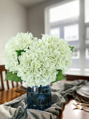 JINWOE Artificial Hydrangea Flowers, 3pcs 21" Latex Real Touch Spring Faux Hydrangea Flowers, Lifelike Artificial Hydrangeas for Porch Bouquets Wedding Home Table Centerpieces （White&Light Green） - color: White/Light Green