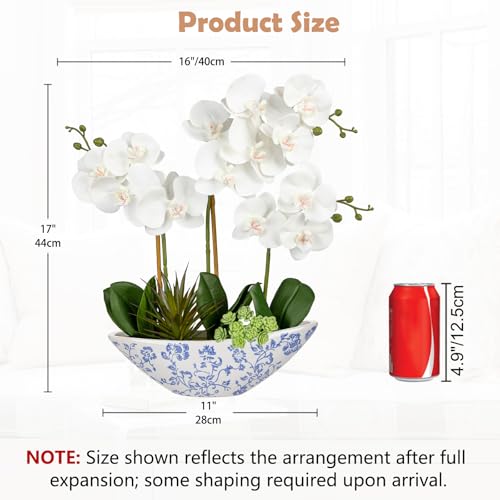 Briful White Orchid Fake Flowers 17in Artificial Orchid Silk Flowers in Blue and White Ceramic Pot Faux Orchid Arrangement for Home Office Bathroom Dining Table Modern Decoration - color: White-blue and White Porcelain Vase