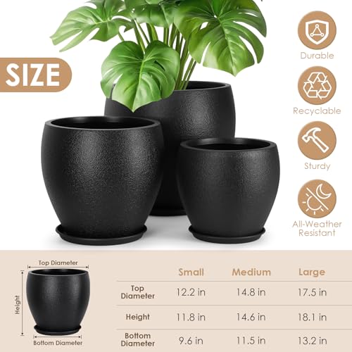YNNICO Plant Pots 17.5/14.8/12.2 inch Set of 3, Flower Pots with Drainage Holes, Large Planters for Indoor Outdoor Garden Plants and Flowers. (Black) - color: Black