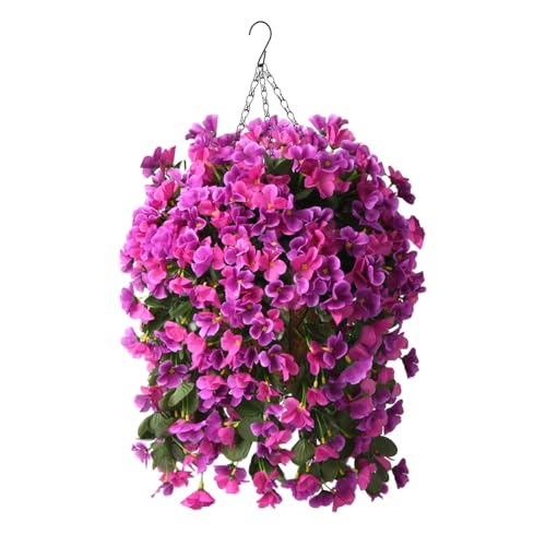 INQCMY Artificial Fake Hanging Plants Flowers Basket for Spring Summer Outdoor Outside Decoration,Faux Silk Begonia Flower in Planter Look Real UV Resistant for Home Porch Patio Balcony Yard Decor - color: Light Purple