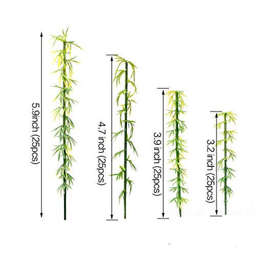 100Pcs Miniature Bamboo Trees with Panda Figurines, 4-6 inch Green Plastic Model Trees for Train Scenery, Fairy Garden, Diorama, Cake Topper Decoration, 1:75 Scale Landscape Accessories