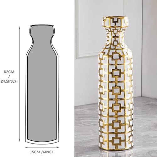 White with Golden Vase for Modern Home Decoration, 24.4 inch Tall Floor Vases for Home Decor, Ceramic vases for décor, Suitable for Living Room Decor, Bathroom Decor and Office Décor - color: White With Gold