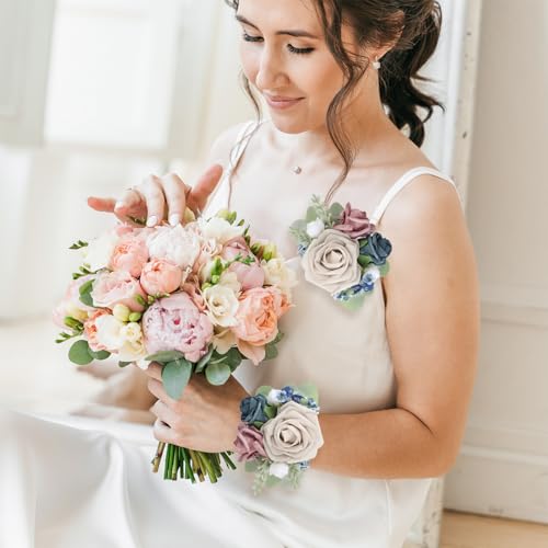 2pcs Wedding Shoulder Corsage Artificial Flowers Navy Blue Pink Fake Rose Flowers for Girl/Mother Homecoming/Prom Bride Bridal Anniversary Party Corsages Wrist Decor (Navy Blue Pink) - color: Navy Blue Pink