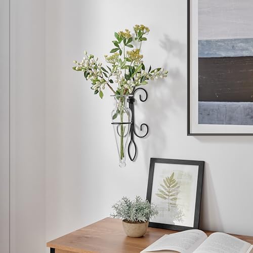Danya B. Home Accent Wall Mount Fleur de Lis Flower Vase Sconce Made from Iron and Clear Glass, it Can be Displayed on The Wall Indoors or Perfect for The Patio