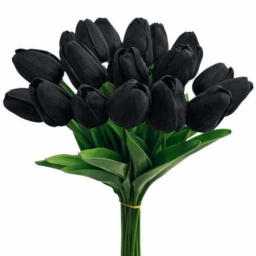 20 Pcs Tulips Artificial Flowers, 13.5'' Real Touch PU Fake Flowers Bouquet for Home Party, Spring Wedding Floral Arrangement, Valentine's, Easter and Mother's Day Decor (Black) - color: Black