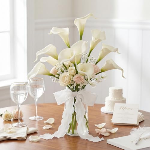 Suncalla 20 Pcs Calla Lily Artificial Flowers White DIY Wedding Bouquet for Bride Wedding Table Centerpieces Decorations with Ribbon and Pearls for Floral Arrangement DIY Craft Bridal Flower Gift - color: White, style: Calla Lily