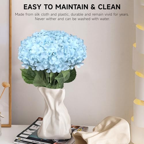 6 PCS Artificial Hydrangea Flowers, Faux Silk Hydrangea with Long Stems, Home Wedding Decor, Table Centerpieces, Party Decorations(Light Blue) - color: Light Blue