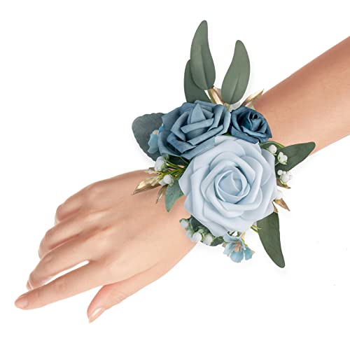 Set of 2 Wrist Corsage Wristlet for Wedding Bridesmaid Mother Grandmother for Bridal Shower Wedding Artificial Roses Flower Prom (Dusty Blue) - color: Dusty Blue