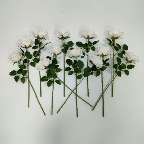 ATFL Fake Ivory Roses Artificial Flowers Bulk,Floral Diameter 4'',20 Pcs Artificial Silk Roses Flowers with Stems for Wedding Arrangement Centerpieces Party Home Table Decorations (20, Ivory) - color: Ivory