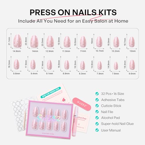 32Pcs Soft Gel Press on Nails for Women, Pink Polka, Short Almond | Cute Coquette Polka False Fake Nails Press Ons for Girly Valentine Date, Salon Quality Reusable Glue & Stick on Nail Gift Kit - color: 3F-Pink Polka