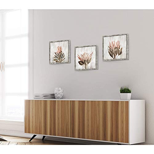 Pink Floral Wall Art Picture: Blossom Protea Flower Artwork Print on Rustic Wood Framed for Home Decor (12” x 12” x 3 Panels) - color: Wood Pink flower, size: 12'' x 12'' x 3 Panels
