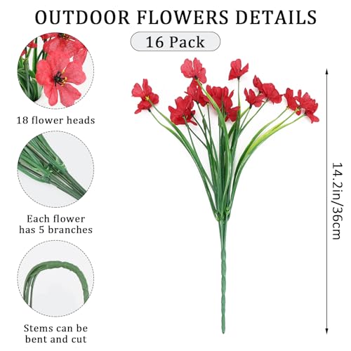 16 Bundles Artificial Flowers for Outdoors Fake Red Flowers Faux Plants for Indoor Outside Garden Porch Window Box Hanging Planters Home Farmhouse - color: Red, size: 15inches-16pcs