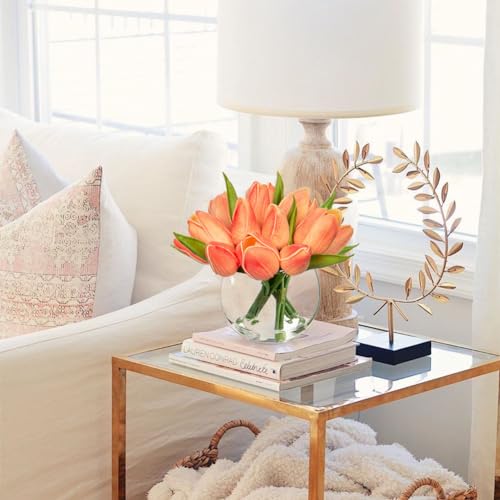 DILATATA Artificial Peach Tulips in Vase with Faux Water 6" Real Touch Flowers Fake Tulips Small Flowers Arrangement in Round Glass Vase for Mother's Day Table Centerpiece Wedding Home Decor - color: Round Vase/Peach/1 Set
