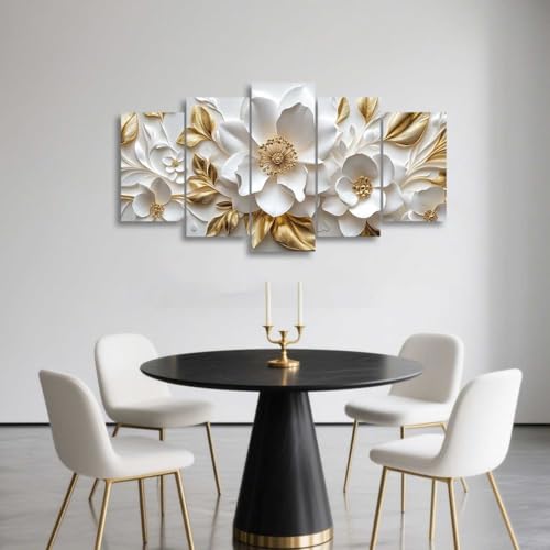 ZSHARTSWD 5 Panels White and Gold Flower Canvas Wall Art Abstract Floral Pictures Modern Blooming Flowers Prints Paintings for Living Room Hotel Decor Framed (8x14inx2 8x18inx2 8x22inx1) - size: 8x14inx2 8x18inx2 8x22inx1