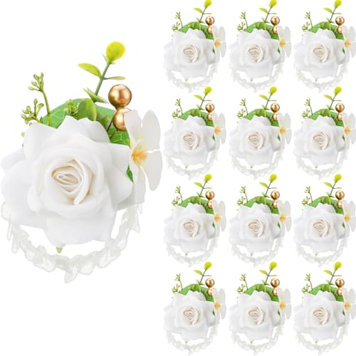 Sherr White Set of 12 Rose Wrist Corsages for Wedding Corsage Flower Wristlet Floral Wedding Wrist Bridal Rose Leaf Hand Flowers for Bride Bridesmaid Prom Engagement Festival - color: White