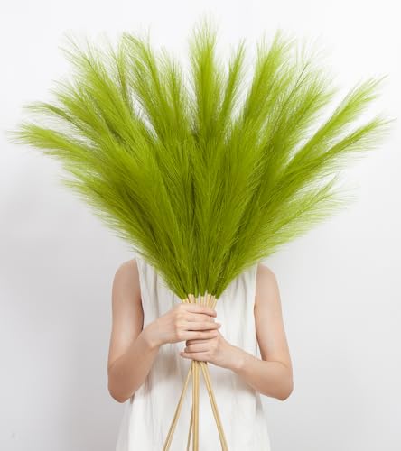 9 Pcs 45" Tall Pampas Grass Green Decor, Long Stem Artificial Flower Floor Vase Large Faux Floral Pompas Fake Plants Dried Bouquet Arrangement Vase Filler for Boho Home Wedding Decoration - color: 9 Pcs 45" Green Style