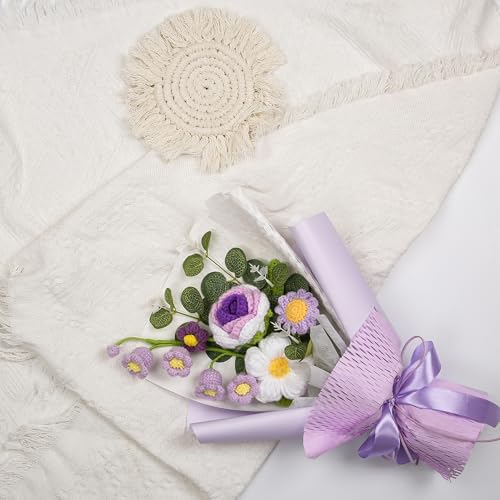 Crochet Flower Bouquet, Handmade Knitted Faux Crochet Flowers for Home Decor Valentine’s Day Anniversary Weddings Birthdays Mother’s Day, Includes Gift Bag and Greeting Card (Purple) - color: Purple