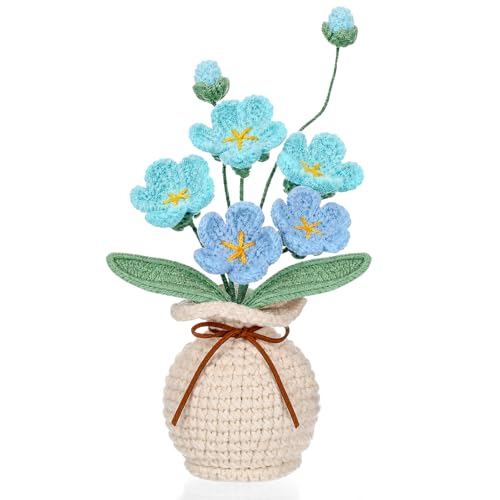 Marsui Crochet Flower Bouquet with Vase Forget-Me-Not Flowers Pot Crocheted Flower Handmade Knitted Potted Flowers Gift for Women Coworker Father's Gifts Back to School Gift Home Decoration (Blue) - color: Blue, style: Forget-me-not