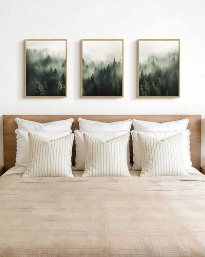 PHOPAGO Green Fog Pine Tree Framed Wall Art Nature Misty Nordic Forests Artwork Morden Paints for Kitchen Hallway Decor - 11x14in Natural Framed - color: Green Pine Forest, size: 14L" x 11W" x 3 Pcs Natural