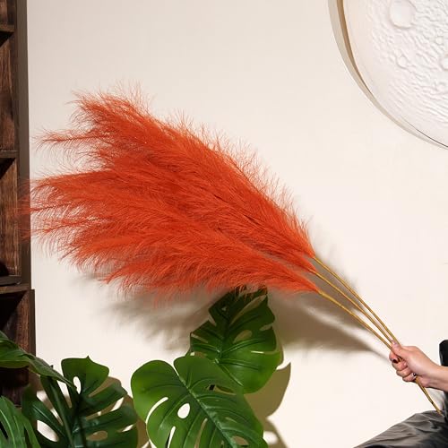 Premium Faux Orange Pampas Grass – 8pcs 43.3" Tall Fluffy Pampas for Floor Vase Decor, 18-Branch One-Piece Stems No Assembly, Luxury Silk-Feel Feather Flowers for Boho Wedding Home Decor 110cm - color: Faux Orange, size: 8pcs 43.3"(110cm)