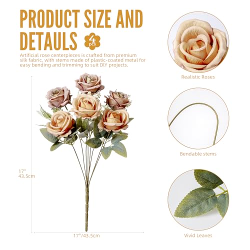Fake Roses Brown Roses Artificial Roses Silk Roses Artificial Roses with Stems 24 Full Flower Heads Faux Roses for Outdoor Indoor Centerpieces Home Wedding Farmhouse Decor No Vase(4PCS,Brown) - color: Brown 4pcs