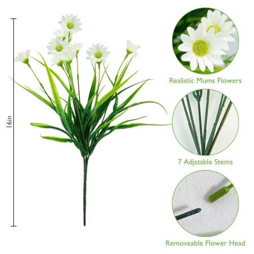 obbsie 12 Bundles Artificial Daisies Flowers Outdoor UV Resistant Fake Silk Daisy Mums Flowers No Fade Faux Greenery Plants for Home Wedding Garden Window Box Outdoor Planters Spring Decor - White - color: White,green, size: 12 Pcs