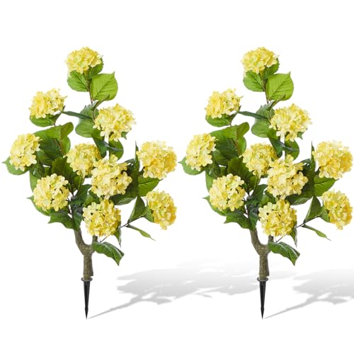 Daifunli 2 Pack 36″ Artificial Hydrangea Trees Real to Touch Faux Hydrangea Bushes Plants with Stakes for Wedding Spring Home Office Living Room Housewarming Gift(Light Yellow) - color: Light Yellow