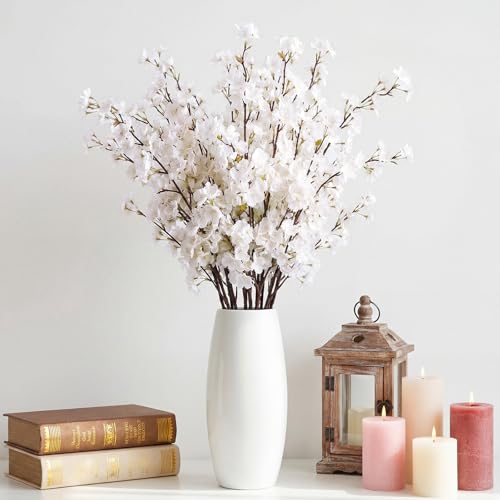 Giegxin 8 Pcs Silk Cherry Blossom Branches Cherry Blossom Tree Stems Long Stem Artificial Flowers for Tall Vase Flowers for Home Wedding Vase Floral Arrangements (White,43.3") - color: White, size: 43.3"