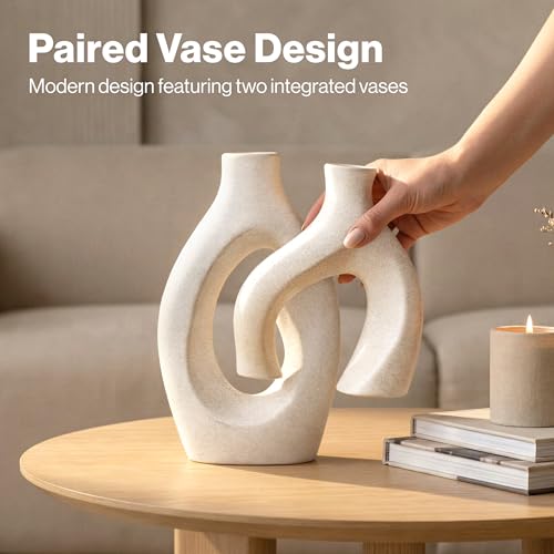 White Ceramic Vase Set of 2, Hollow Oval Flower Vases for Decor, Handmade Nordic Minimalist Ceramic Vase for Pampas Grass, Living Room, Farmhouse & Boho Home Decor, Housewarming Gifts