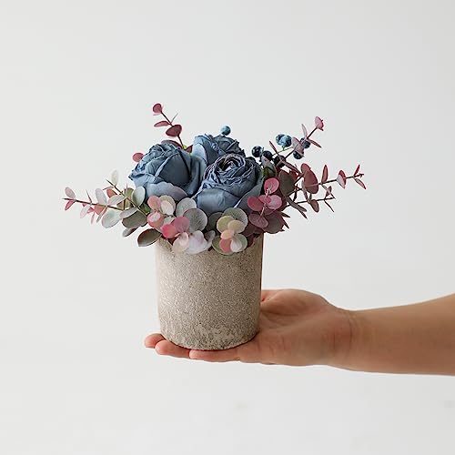 Small Artificial Burnt Blue Rose Potted Plant, 6" Fake Silk Flowers in 3" Cylindrical Pot, Mini Faux Floral Arrangement for Desk Shelf Bathroom Decor - color: Burnt Blue