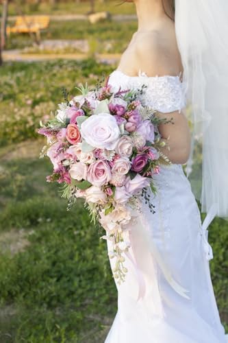 12 Inch Cascade Wedding Bouquets for Bride, Fuchsia & Pink Cascading Bridal Bouquet for Wedding Silk Artificial Flowers - color: Fuchsia & Pink