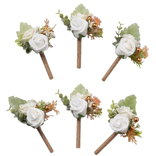6Pcs White Artificial Foam Rose Boutonnieres for Men Wedding Prom | White Fake Foam Rose for Wedding Prom Groom Groomsmen Party Suit Decoration Homecoming Graduation - color: White Style B