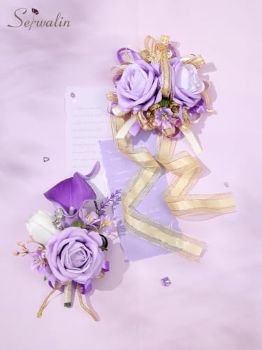 Serwalin Prom Corsage and Boutonniere Set Purple, Prom Flower Wrist Corsage Wristlet for Homecoming, Formal Dance, Wedding Flowers Lavender Accessories Party Suit Decorations - color: Purple