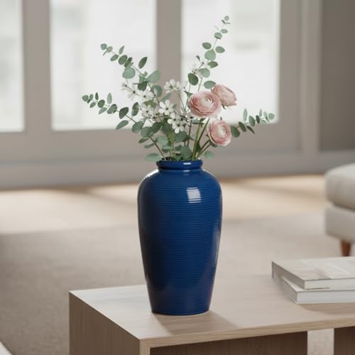 Blue Ceramic Vases Home Decor - 11 Inch Tall Farmhouse Vases for Flowers, Modern Textured Vase for Centerpieces, Living Room, Kitchen Island Decor, Fireplace, Entryway Decorations - color: Blue