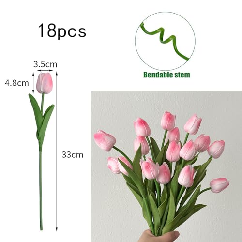 18pcs Artificial Tulips 13" PU Artificial Flowers for Family Friends Gifts DIY Flower Arrangement Home Kitchen Office Party Wedding Dining Table Decoration, Light Pink - color: Light Pink