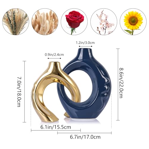 LCCCK Blue and Gold Ceramic Vases for Home Decor, Boho Vase for Flowers Pampas Grass Decorative, Navy Blue Hollow Donut Small Vase for Living Room Table Wedding Centerpiece Modern Vases - color: Blue and Gold