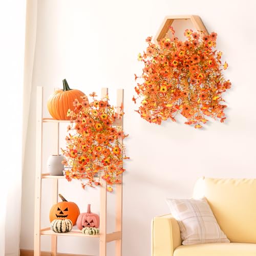 INQCMY Artificial Fall Flowers for Outdoors Realistic Faux Autumn Hanging Plants 2Pcs Fake Mums Fake Flowers for Porch Patio Outdoor Decor Home Decor UV Resistant (Orange Sunset Red) - color: Red Orange
