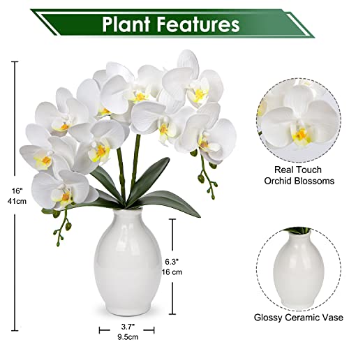 Briful White Orchids Artificial Flowers 16'' Faux Orchids in Ceramic Pot Fake Orchid Arrangement for Home Office Bathroom Tabletop Shelf Living Room Decor Indoor - color: White