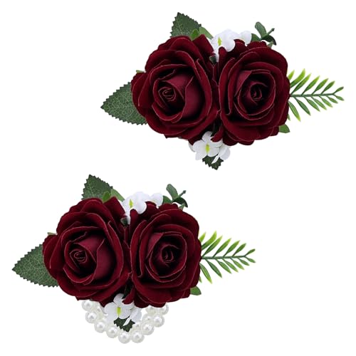 2Pcs Burgundy Rose Wrist Corsage Wristlet Band and Men Boutonniere Set, for Wedding Ceremony Artificial Flowers Accessories Homecoming Prom Suit Decorations - color: Burgundy