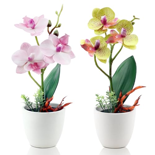 2Pcs Artificial Flowers Orchid Fake Phalaenopsis Small Potted Plant Ceramic Vase for Table Centerpiece Home Office Bathroom Wedding Decor(Pink & Yellow) - color: Pink & Yellow